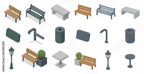 Outdoor furniture icons set – isometric, park benches, garden seating symbols