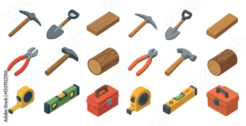 Construction and tool isometric icons set – flat, building, equipment symbols