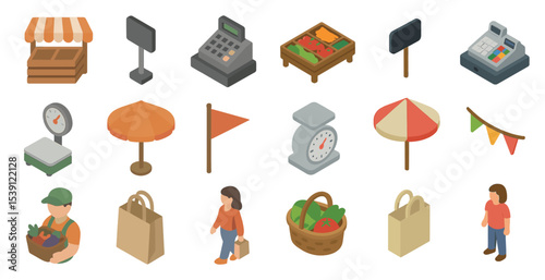 Market and shopping isometric icons set – grocery, retail, store symbols