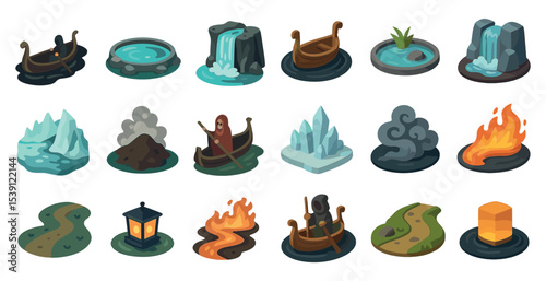 Nature adventure icons set - isometric, 3d, outdoor and exploration symbols