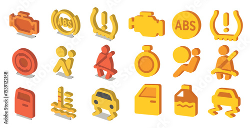 Automotive warning 3d icons set – car, dashboard, safety symbols collection