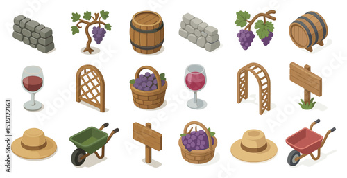 Wine and vineyard isometric icons set – grapes, barrels, viticulture elements