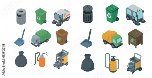 Waste management icons set – isometric, cleanup, sanitation and recycling graphics