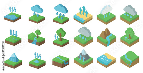Weather and nature isometric icons set – climate, environment, atmospheric symbols