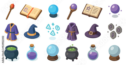 Magic potion and witchcraft isometric icons set – spell, wizard, mystical symbols