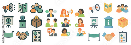 Business and communication flat icons set – filled, collaboration, professional symbols