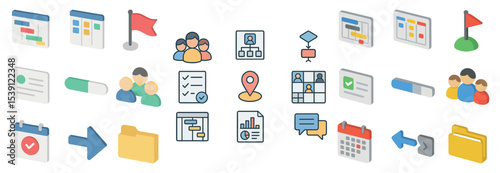 Project management icons set – flat, filled, workflow and task tracking symbols