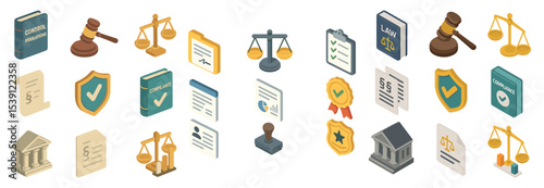 Legal and justice isometric icons set – 3d, law, court, legal symbols