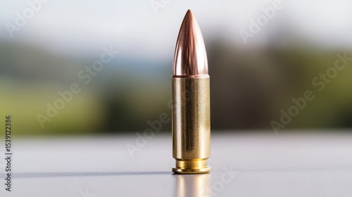 A bullet cartridge is positioned upright on a smooth surface. The sleek, golden casing reflects light and contrasts with the soft focus of greenery behind, emphasizing its sharp tip