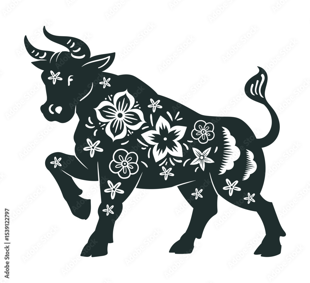 Fototapeta premium Chinese lunar bull symbol. New Year oriental horoscope animal silhouette, zodiac astrological calendar bull sign flat vector illustration. Traditional horoscope icon