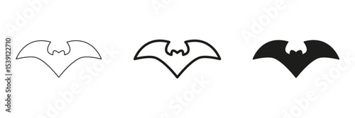 Bat Silhouette In Line, Outline, And Glyph Icon Set. Nocturnal Creature And Halloween Symbol Collection. Perfect For Spooky Themes And Wildlife Representation. Isolated Vector Illustration