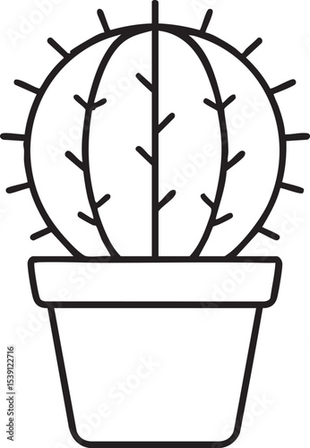 Minimalist Line Art of a Potted Cactus with Spines and Vertical Grooves Isolated on White Background