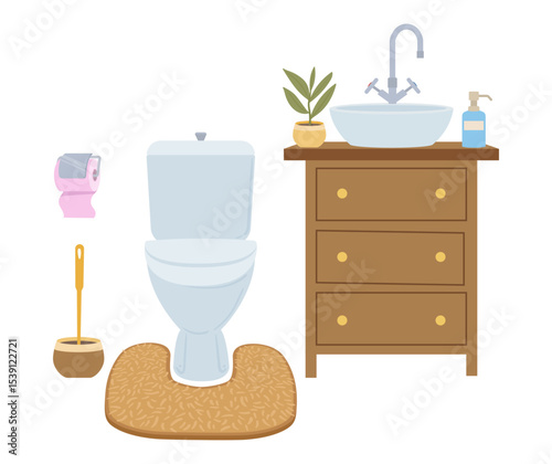 Bathroom interior. Modern bathroom with toilet and sink, convenient toilet interior, flat vector illustration. Cartoon minimalist washroom