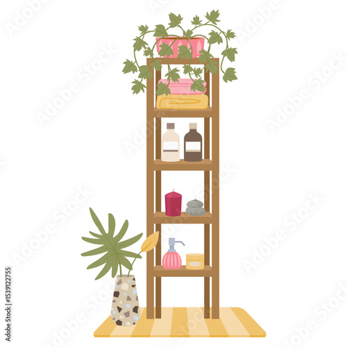 Cartoon towel bath shelf. Modern bathroom textile towels stand, bathroom interior elements flat vector illustration. Cartoon bathroom furniture