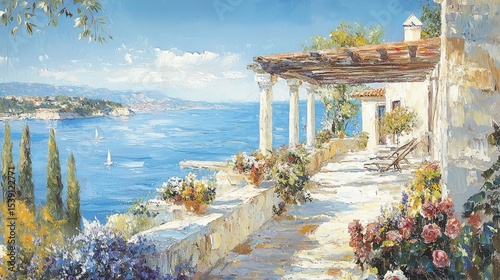Coastal terrace overlooking the sea on a sunny day.