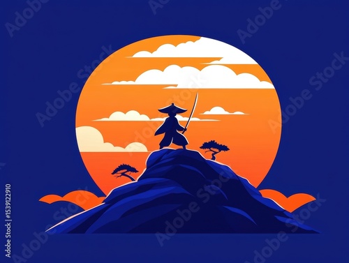 Silhouette figure on mountain peak at sunset