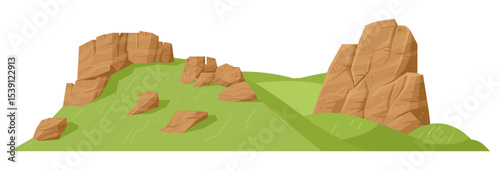 Green mountain hills. Cartoon hill tops, mountain green peak and rocky range, nature landscape mountain flat vector illustration. Outdoor mountain view