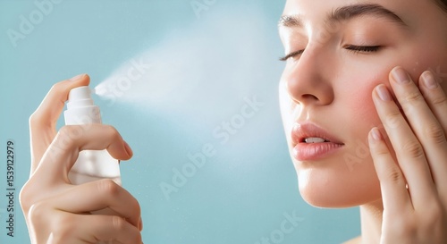 Woman spraying facial mist on her face. Skincare for hydration and refreshment. Beauty routine with cosmetic product for skin care on a blue background