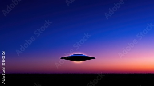 A shiny unidentified flying object floats above a flat horizon as the sky transitions from orange to deep blue twilight. The scene evokes mystery and intrigue in a tranquil setting