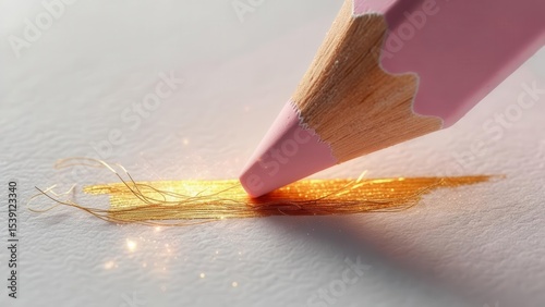 A pink pencil creates a shimmering golden stroke on white paper with sparkling particles. Concept of creativity and luxury art