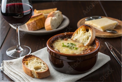 French onion soup with baked cheese bread and red wine, on a dark wooden table