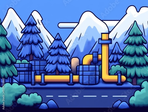 Snowy Mountain Landscape with Industrial Pipes
