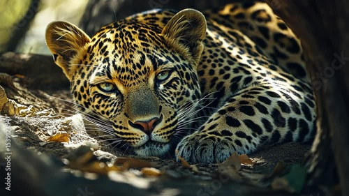 Leopard resting in tree shade
