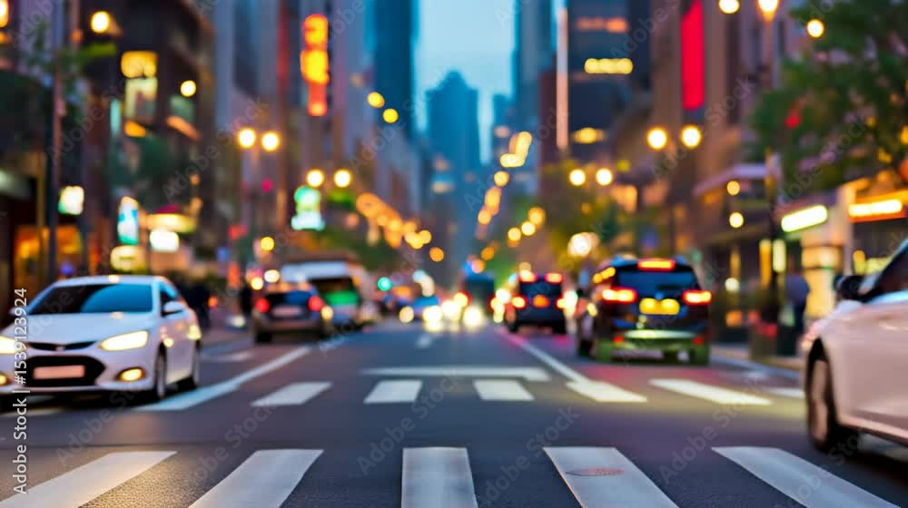 Urban evening traffic with vibrant city lights and colorful bokeh effect, capturing the hustle and energy of city life as vehicles navigate through a busy intersection with blurred motion.