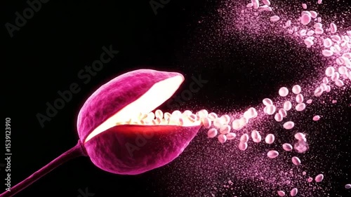 Vibrant pink seed pod bursting with seeds in dark space