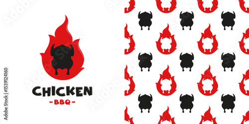Chicken BBQ logo design with flames and playful chicken graphics in a vibrant pattern. Seamless pattern background for print decor and branding