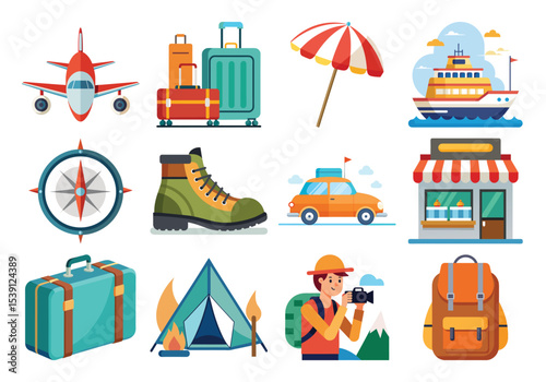 Travel icons set airplane luggage boat compass hiking boot car shop backpack tent photographer isolated on white background