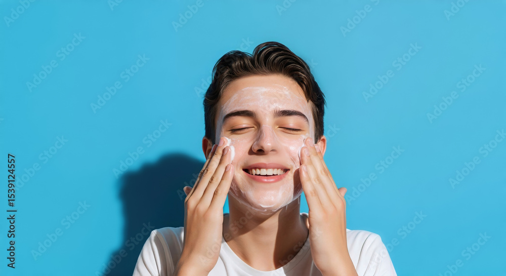 Fototapeta premium Happy young man washing his face with cleanser on a blue background. Daily skincare routine for men. Male beauty and hygiene concept with a smile and closed eyes