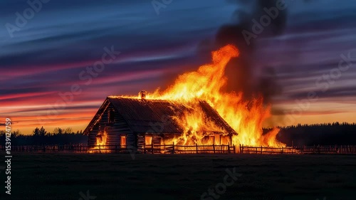 A large wooden structure is engulfed in flames as a dramatic sunset casts vibrant hues across the sky