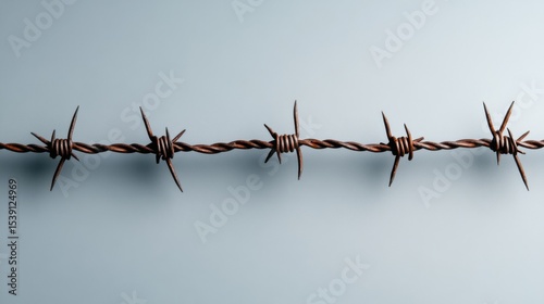 Coiled barbed wire stretches across a smooth, light-colored surface, highlighting the jagged prongs that jut out, emphasizing its rugged and industrial appearance in an artistic way
