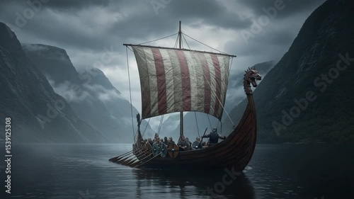Viking ship sailing through misty fjord landscape
