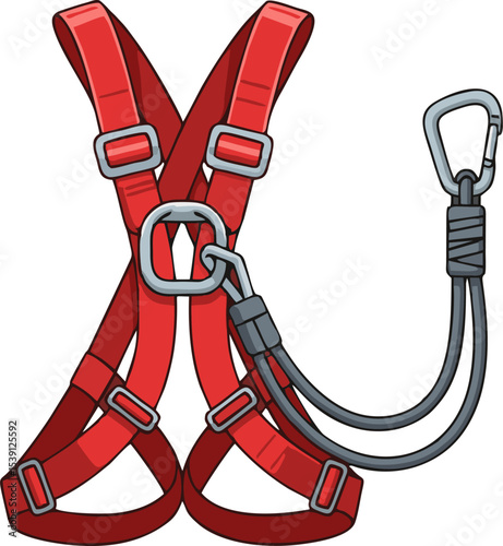 Red Climbing Harness with Attached Carabiners and Lanyards