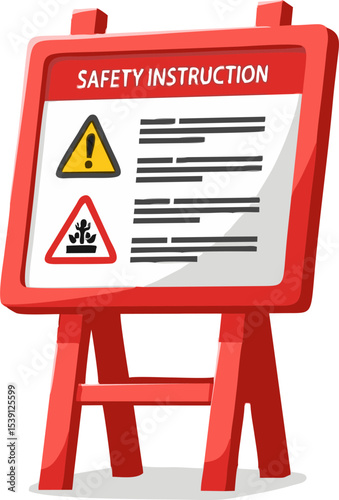 Red Safety Instruction Sign with Hazard Symbols and Textual Information