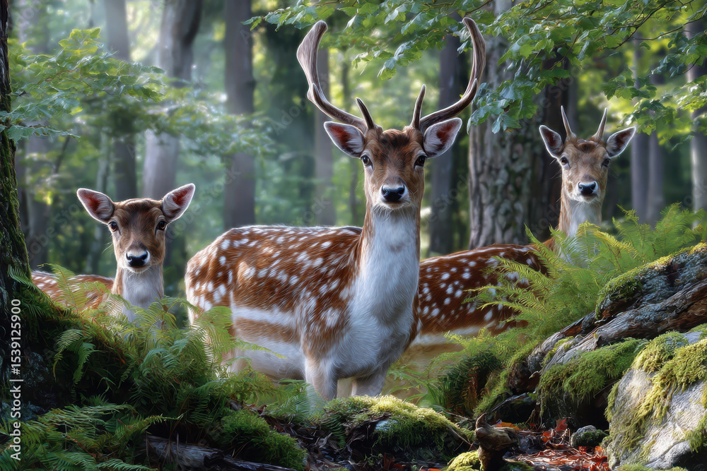 Naklejka premium Deer family in a lush green forest during the early morning light