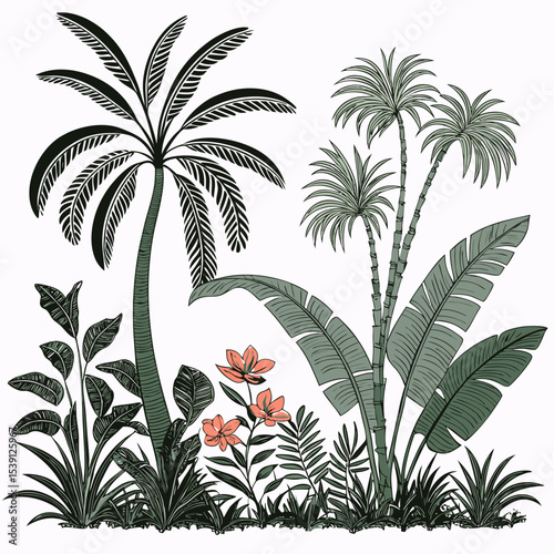 Tropical vintage botanical palm trees, banana tree, green plants floral seamless border white background. vector	