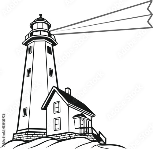 White lighthouse tower beacon on a clear background, guiding navigation and safety along the coast