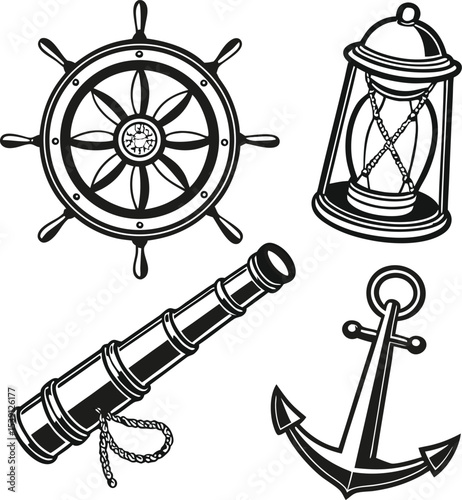 Vector set of isolated nautical marine symbols: ship wheel, anchor, compass, and helm illustrations for sea travel