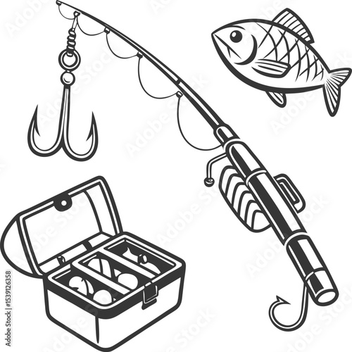 This vintage collection of fishing equipment features a sketch illustration of a lure, reel, hook, and various fishing bait