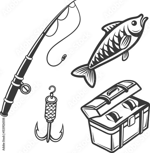 Here's a concise description:

Isolated vector illustration of fishing rod and reel equipment with lure and hook for sport angling