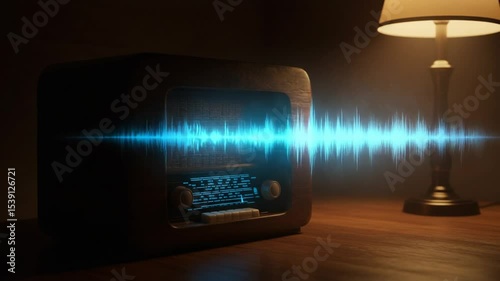 Vintage radio emitting sound waves in cozy room setting