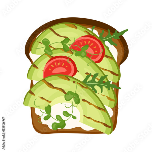 Vector illustration of healthy toast with grilled avocado slices, tomatoes, arugula and cream cheese Nutritious vegan breakfast or snack. Perfect for card, banner, poster, print or food design element