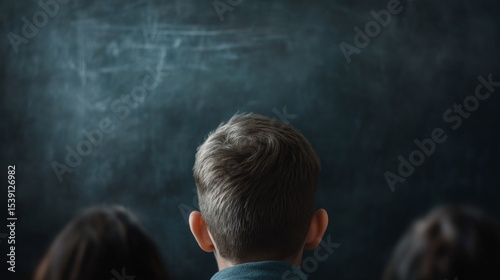 A boy is looking at a chalkboard