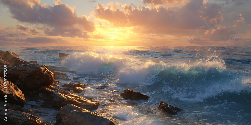 Obraz premium Ocean waves crashing onto rocks during sunset with clouds in the sky and bright sun shining