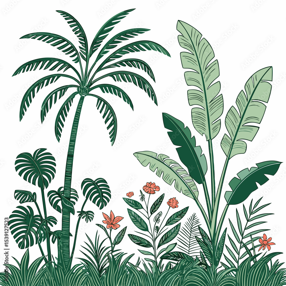 Fototapeta premium Tropical vintage botanical palm trees, banana tree, green plants floral seamless border white background. vector 