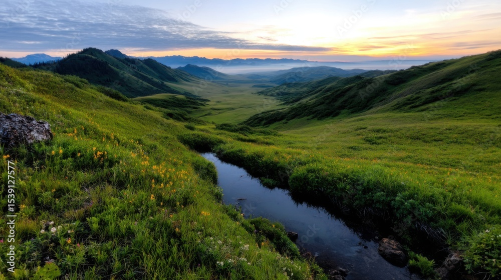 Fototapeta premium A stunning view captures the early morning light illuminating a vast valley filled with lush green vegetation. A clear stream gently flows through the landscape, surrounded by hills