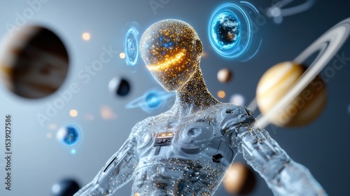 A sleek, humanoid robot made of shimmering particles stands in a cosmic environment. Various planets float nearby, creating a mesmerizing interstellar scene filled with light and depth